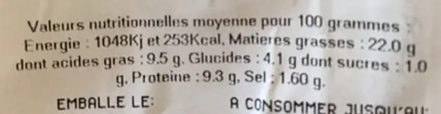 Boudin blanc pur porc nutrition facts table