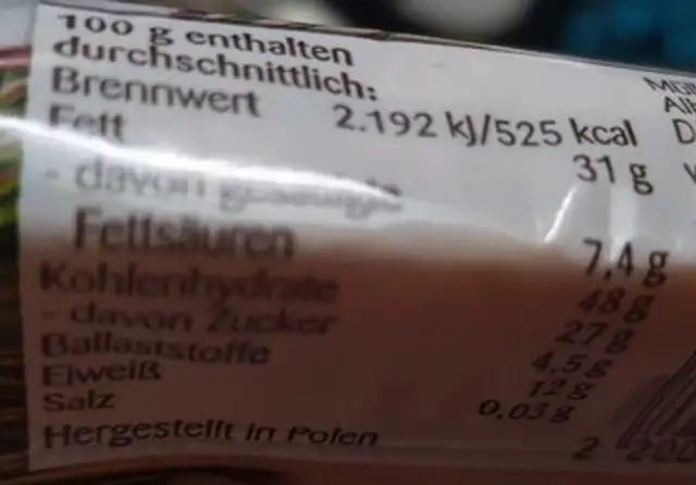 Kokos riegel nutrition facts table