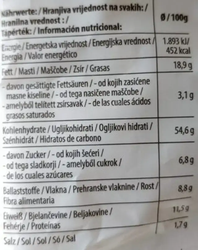 Vollkorn Kräcker Curry-Kürbiskern nutrition facts table