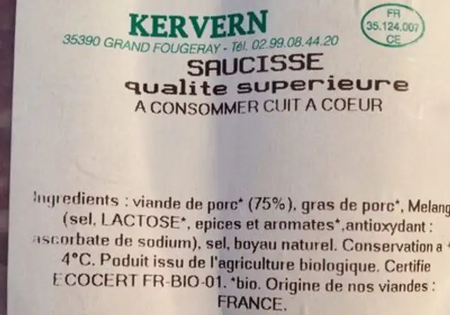 Saucisse ingredients label