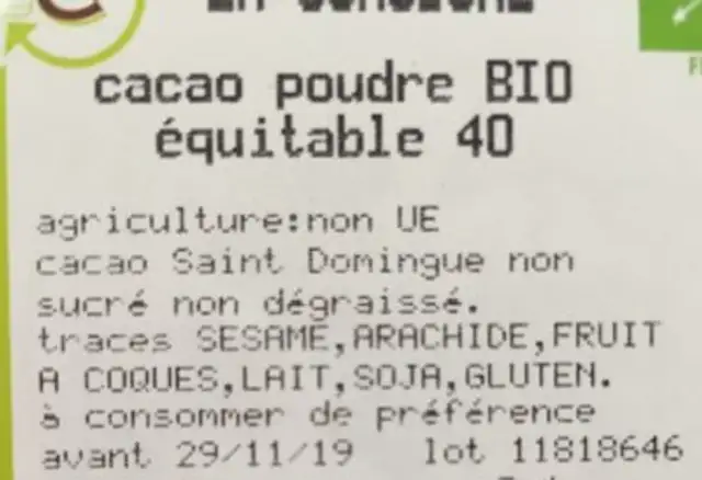 Cacao poudre bio ingredients label