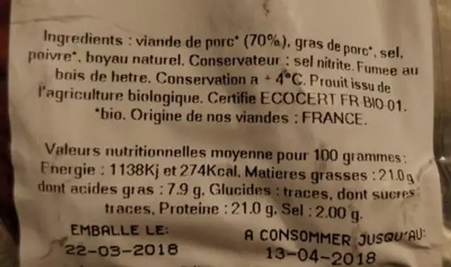 Saucisse fumée ingredients label