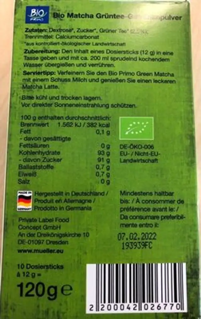 Bio Primo Green Matcha nutrition facts table