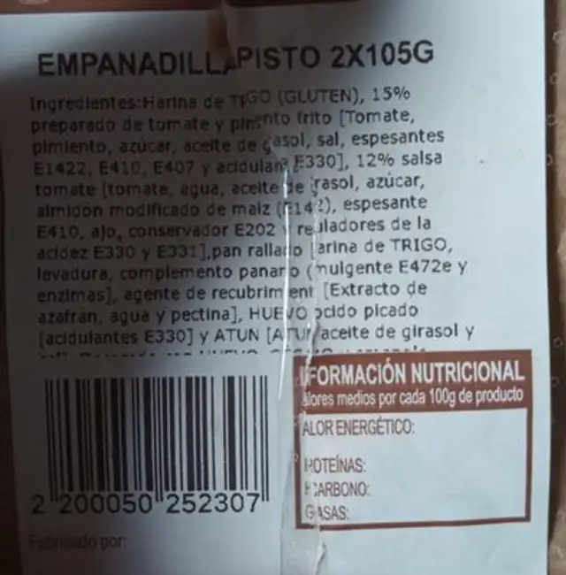 Empanadilla de pisto nutrition facts table
