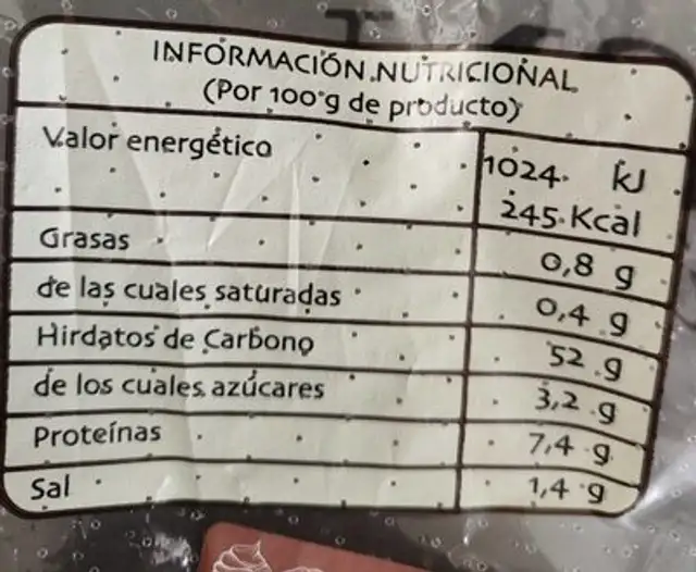 Barra de pan nutrition facts table