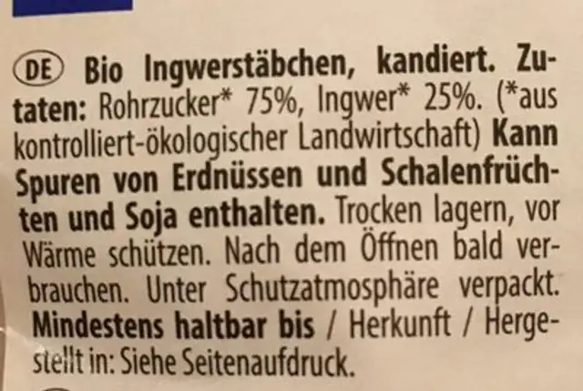 Ingwerstäbchen ingredients label