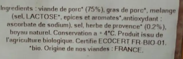Chipolatas Herbes de Provence ingredients label