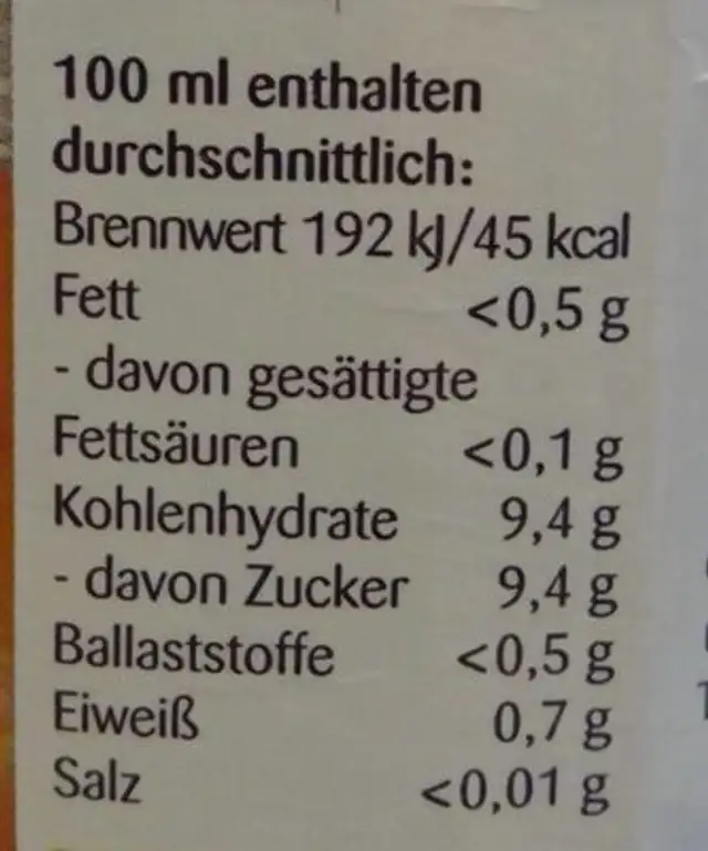 Bio primo Orangensaft nutrition facts table