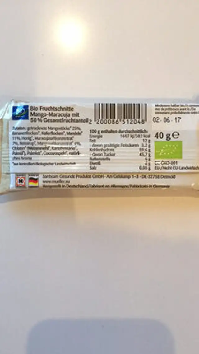 Fruchtschnitte Mango-Maracuja nutrition facts table