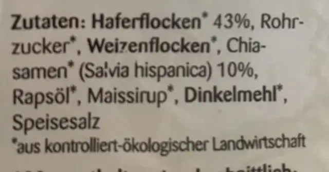 Bio Hafercrunchy mit Chia-samen ingredients label