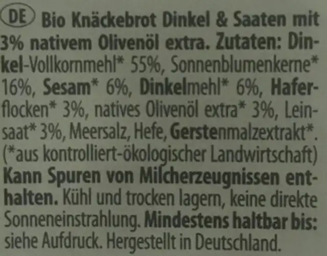 Vollkorn Knäckerbrot ingredients label