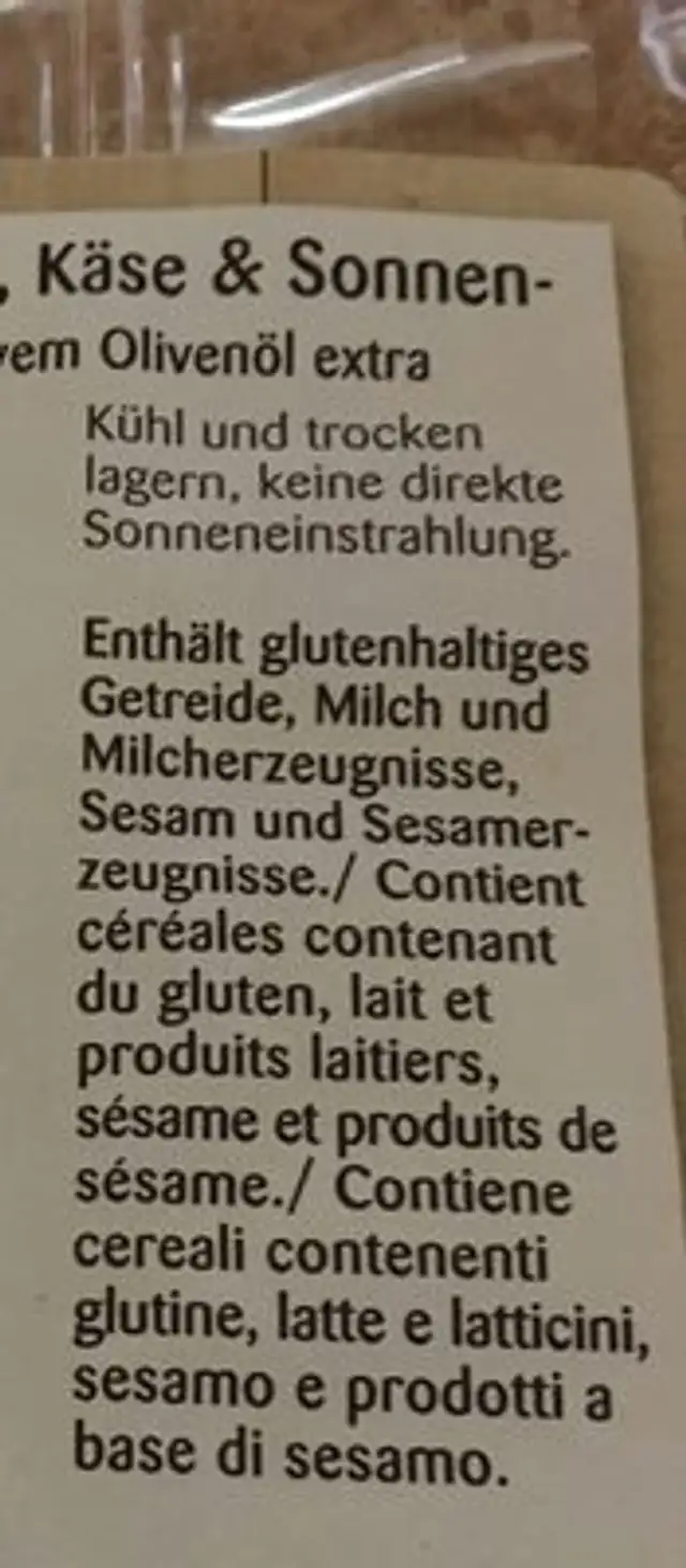 Vollkorn Knäckebrot Dinkel, Käse & Sonnenblume... ingredients label