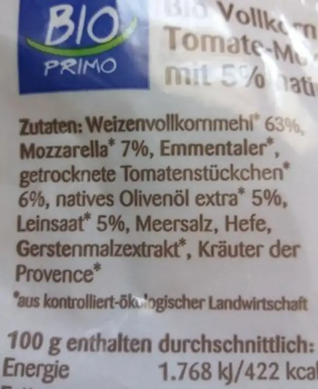 Bio Primo Vollkorn Knäcke Snack ingredients label