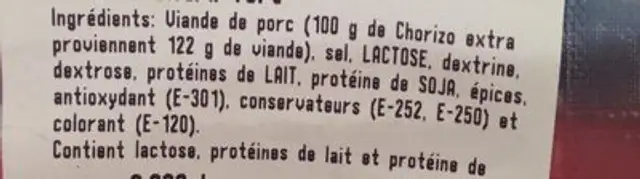 Chorizo ingredients label