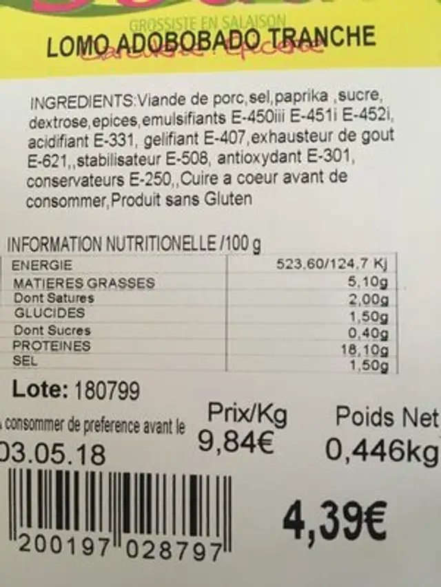 Lomo en tranche ingredients label