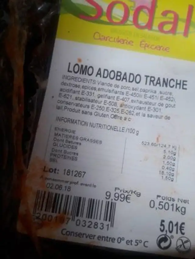 Momo adobado tranche ingredients label