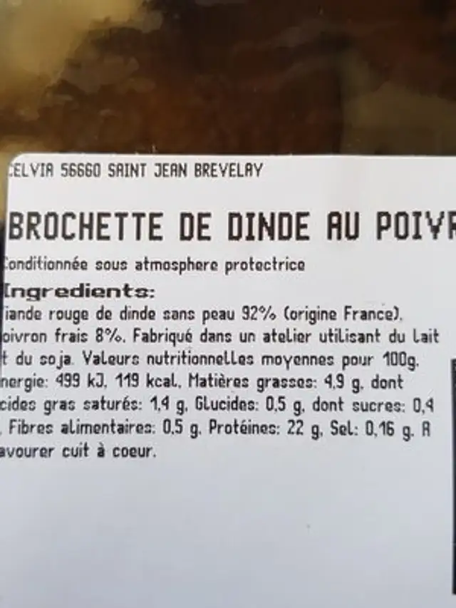 Brochette de dinde au poivron ingredients label