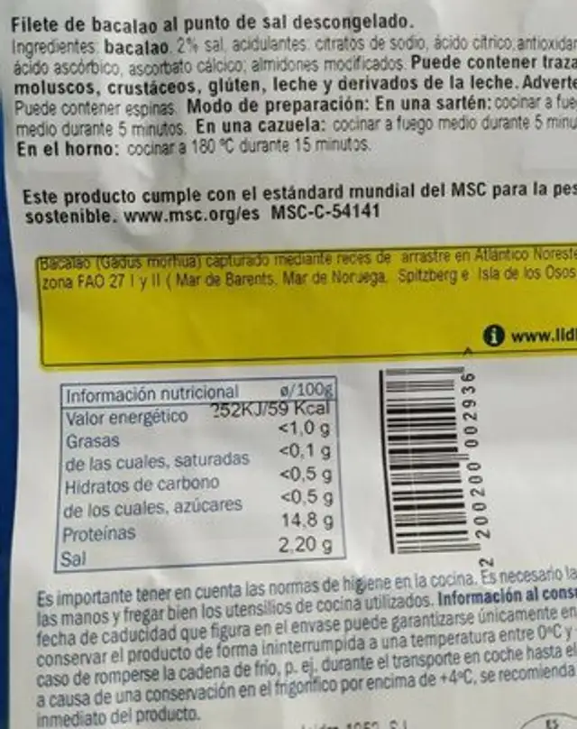 Filete de bacalao al punto de sal nutrition facts table