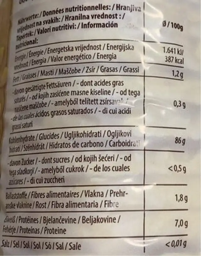 Maiswaffeln nutrition facts table