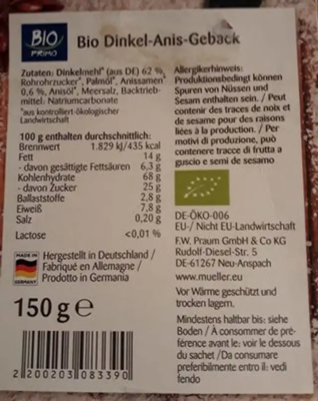 Dinkel anisskerne ingredients label