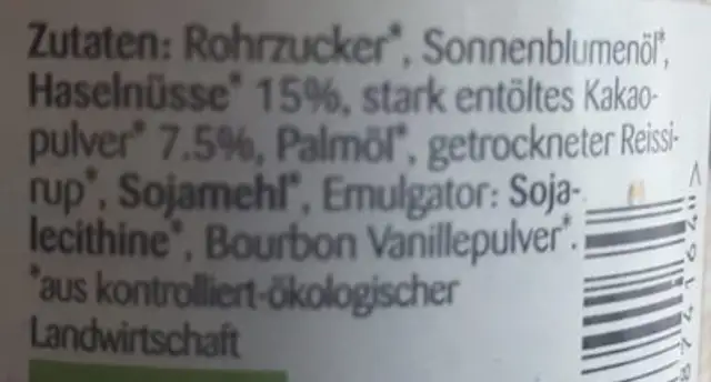 Bio Primo Nuss nougat creme ingredients label