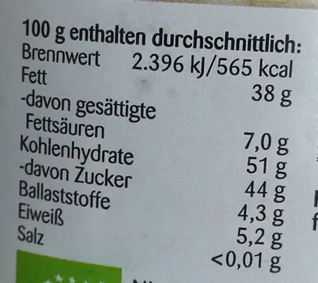 Bio Primo Nuss nougat creme nutrition facts table