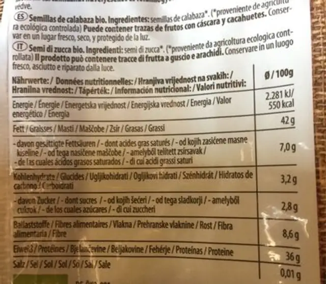 Kürbiskerne nutrition facts table