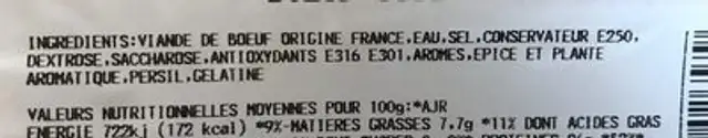 Boeuf cuit ingredients label