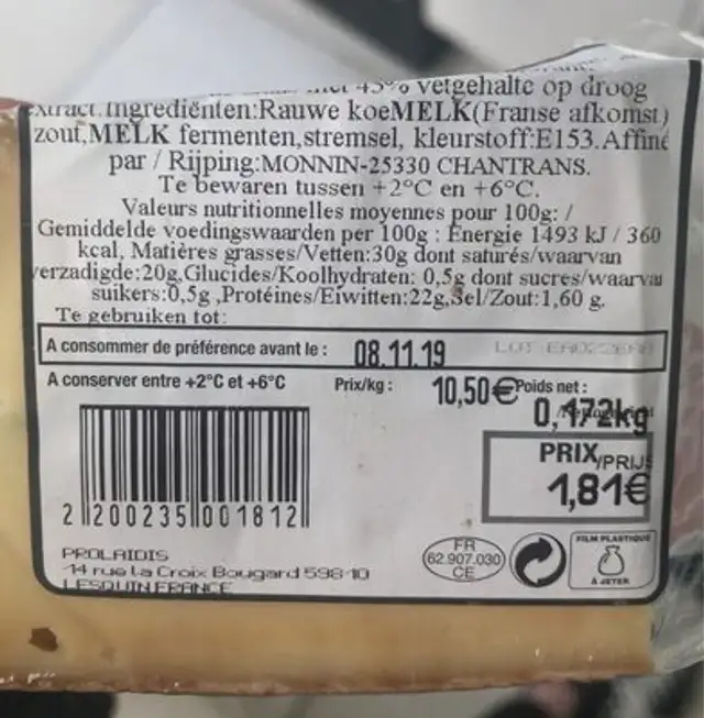 Morbier au lait cru nutrition facts table