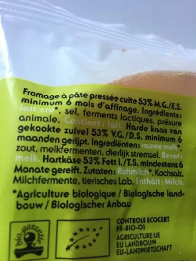 Comté AOP ingredients label
