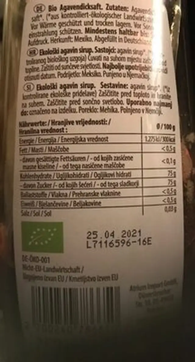 Agaven Difksaft nutrition facts table