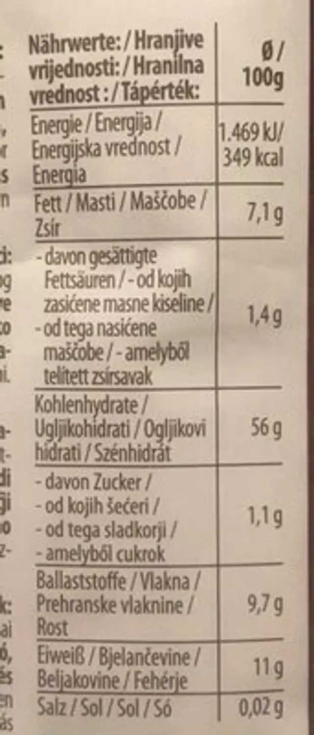 Haferflocken nutrition facts table