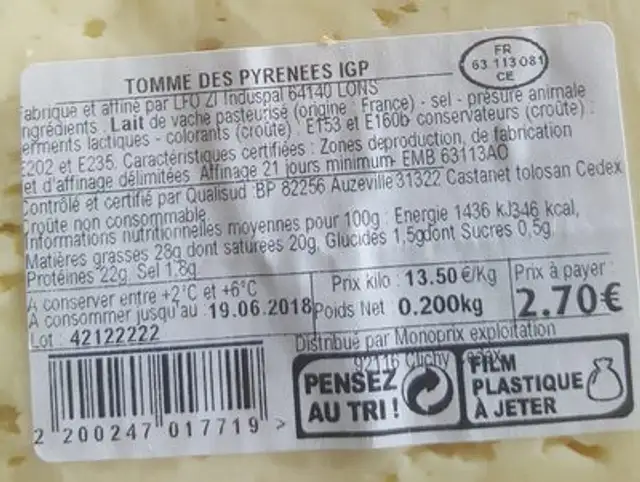 Tomme des Pyrénées ingredients label