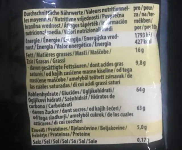 Mia Bella Schojo Rosinen nutrition facts table