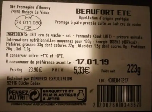 Beaufort été ingredients label