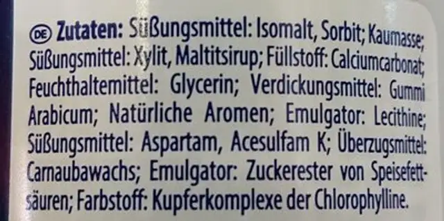 Zahnpflege Kaugummi Melon Splash ingredients label