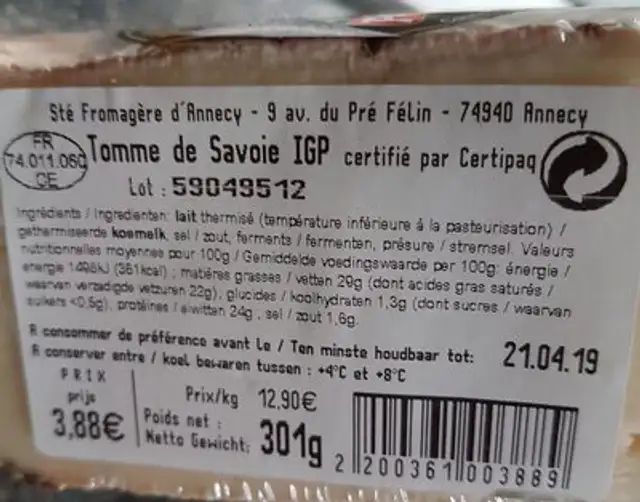 Tomme de savoie ingredients label