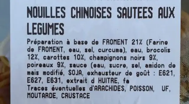 Nouilles chinoises sautées aux légumes ingredients label