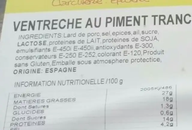 Ventrèche au piment tranchée ingredients label