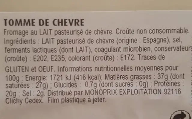 Tomme de chèvre ingredients label