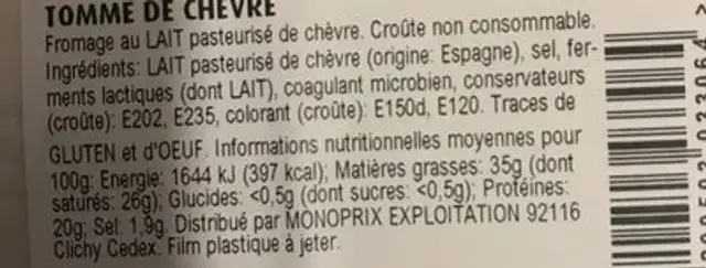 Tomme de chèvre nutrition facts table
