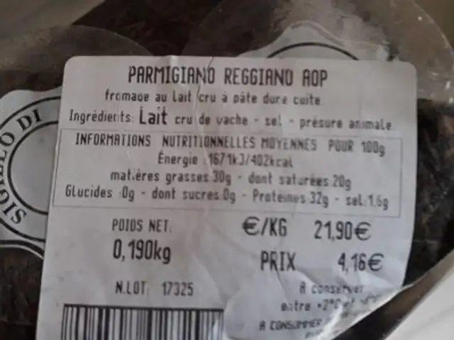 Parmigiano reggiano ROP ingredients label