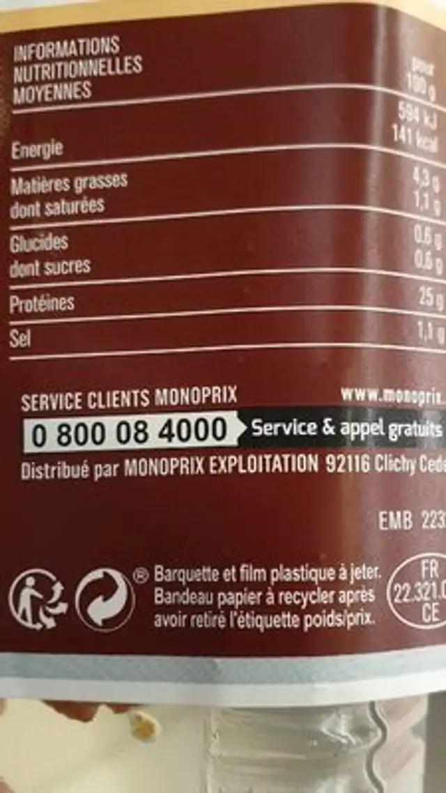 Filets Rotis nutrition facts table
