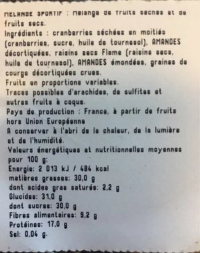 Mélange sportif ingredients label