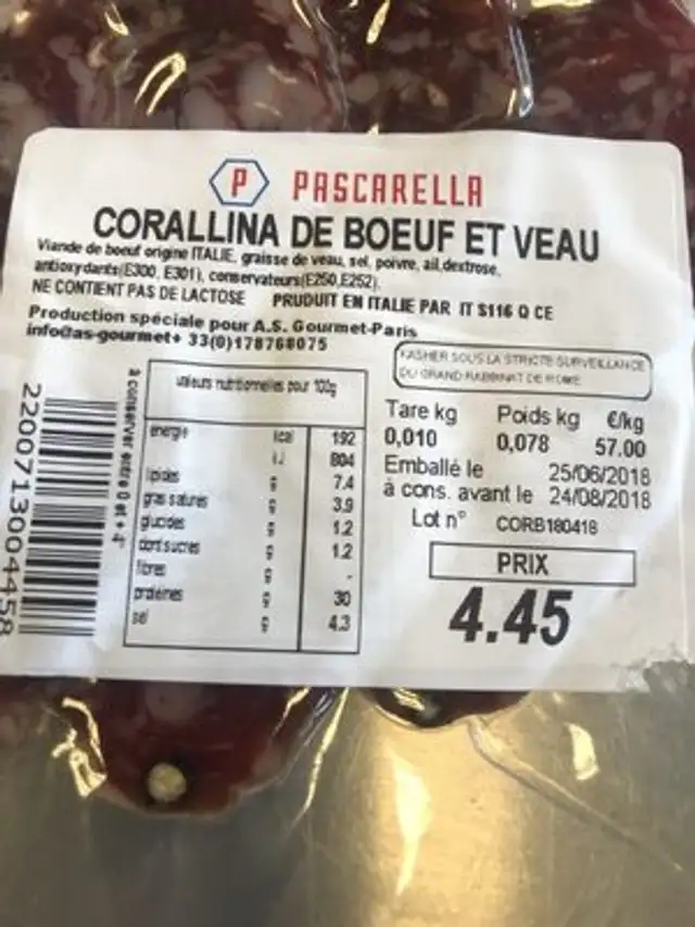 Pascarella ingredients label