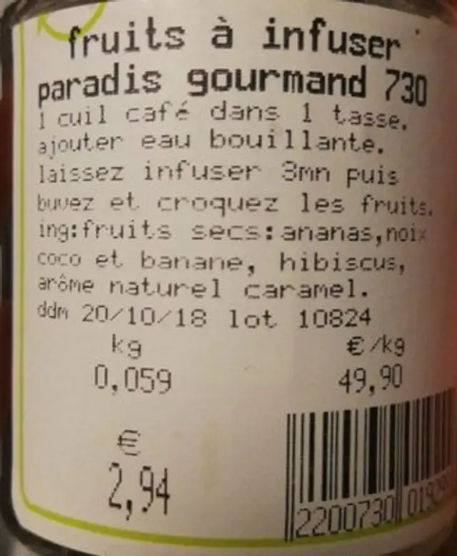 Fruits à infuser ingredients label