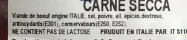Salumeria Artigianale ingredients label