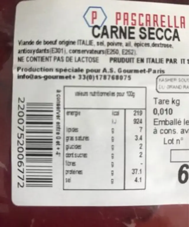 Salumeria Artigianale nutrition facts table