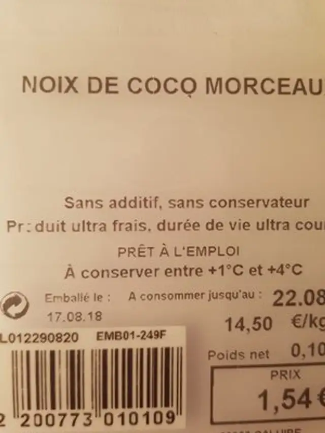 Noix de coco morceaux ingredients label