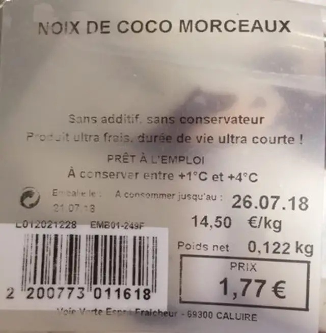 Noix de coco morceaux ingredients label